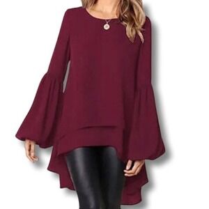 Zanzea‎ Bell Sleeve Hi-Lo Layered Blouse Wine Red Women's XXXL